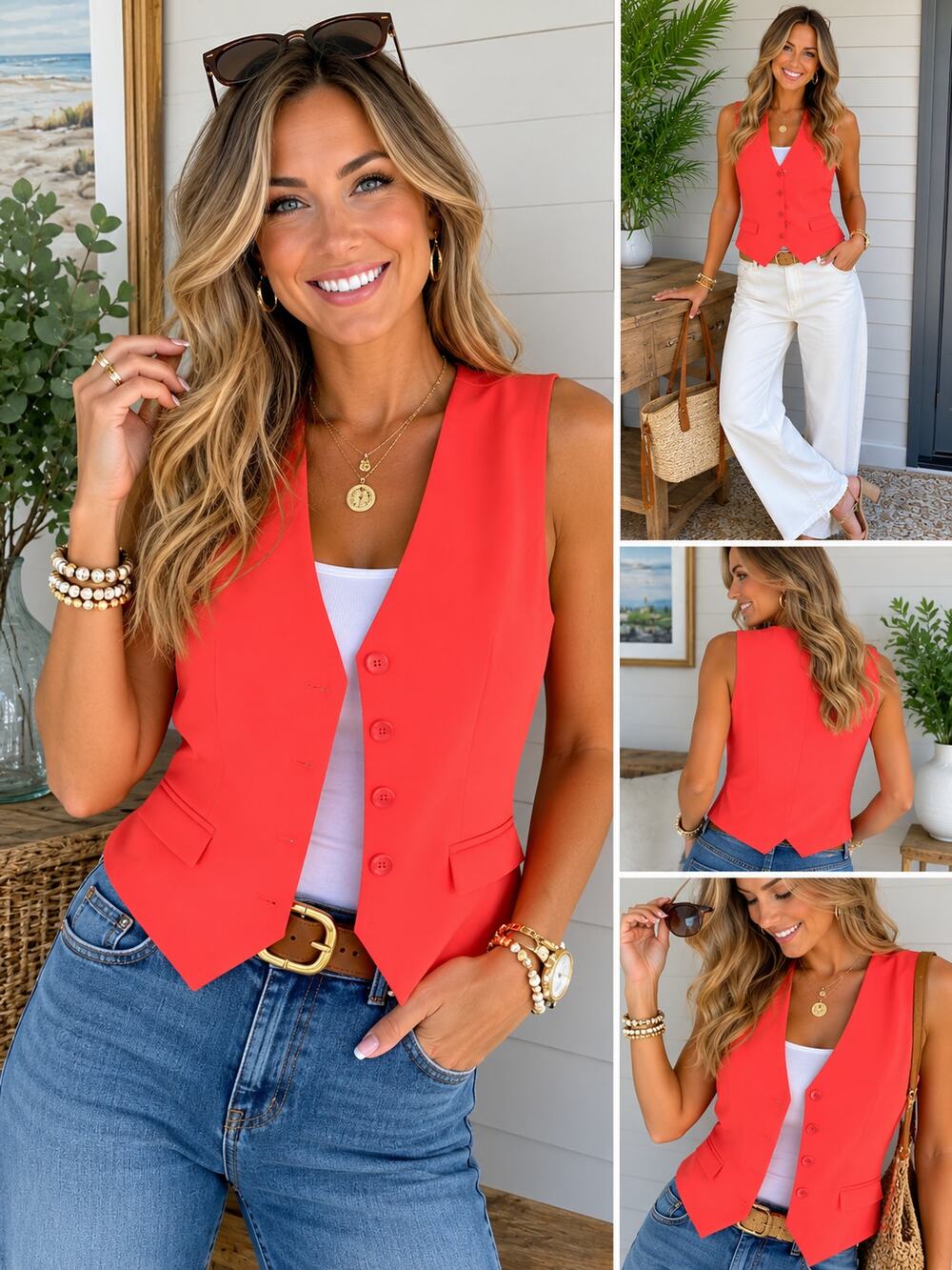 Eva Mendes Neon Coral Tailored Vest Sleeveless Button Front L